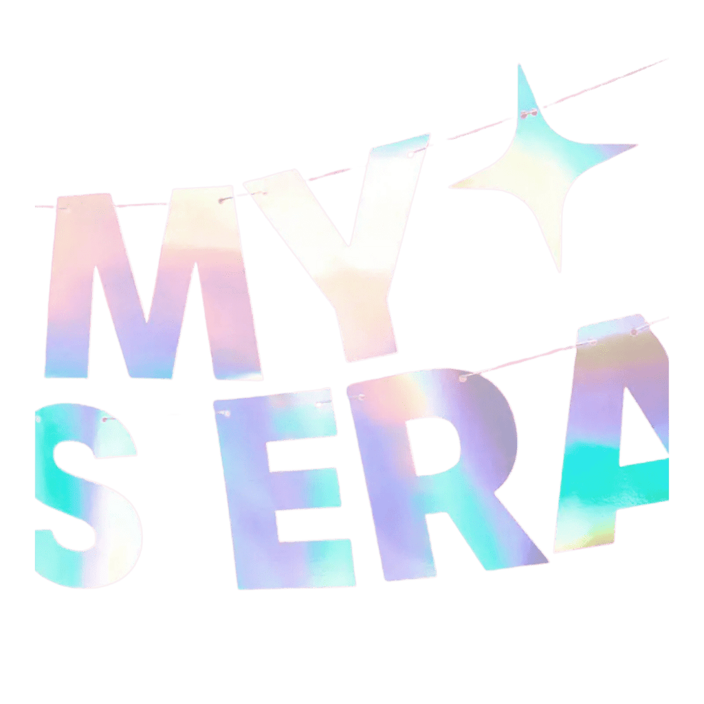 Iridescent my era banner holographic letter garland for celebration from Parte Haus party supply store in Bethesda Maryland