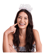 Silver New Year tiara worn by laughing woman celebration theme from Parte Haus party supply store in Bethesda MD