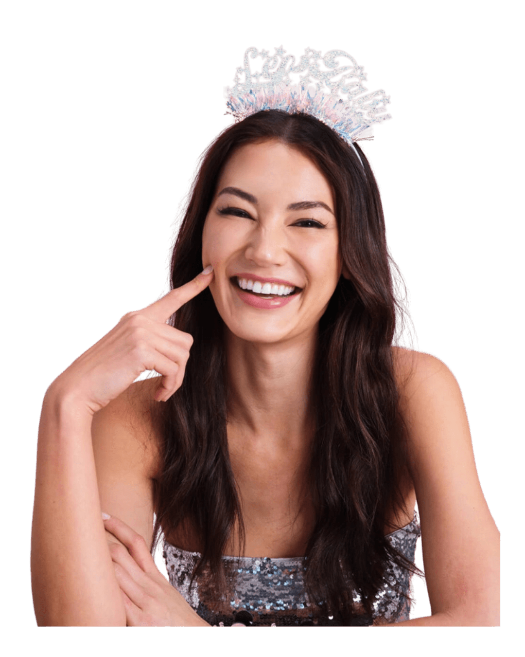 Silver New Year tiara worn by laughing woman celebration theme from Parte Haus party supply store in Bethesda MD