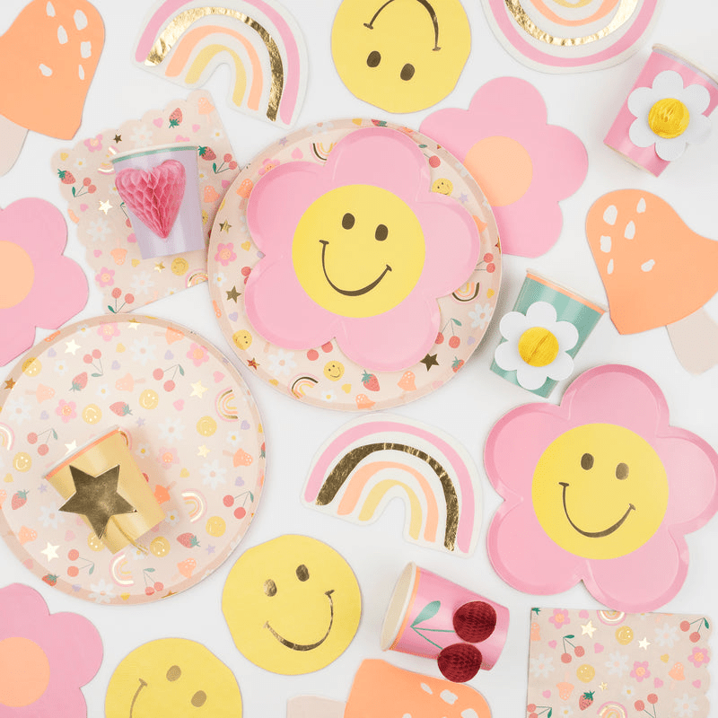 Pink and yellow flower plate cute smiley face plate pastel rainbow theme from Parte Haus party supply store in Bethesda Maryland