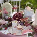 Floral fairy theme tableware with pastel plates and cups for birthday from Parte Haus party supply store in Bethesda Maryland