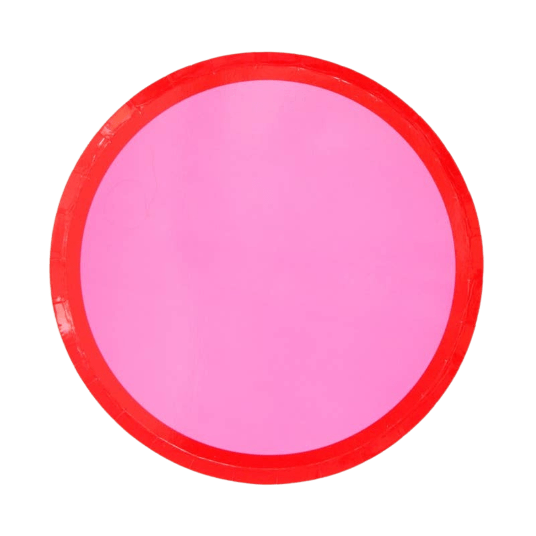 Pink and red round plate with bold border classic birthday theme from Parte Haus party supply store in Bethesda MD.