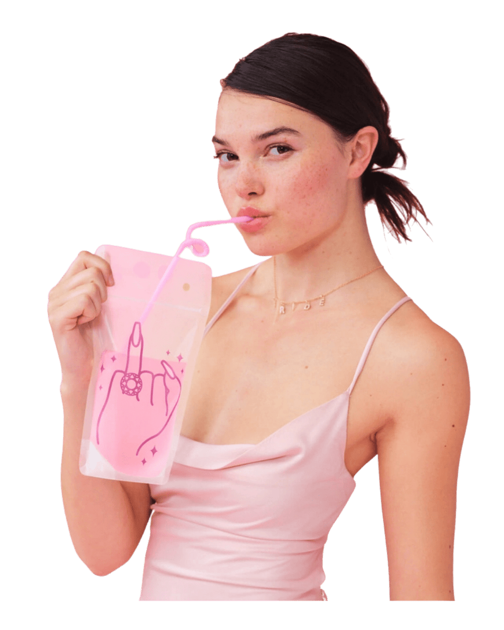 Pink drink pouch with playful hand design birthday bachelorette from Parte Haus party supply store in Bethesda Maryland