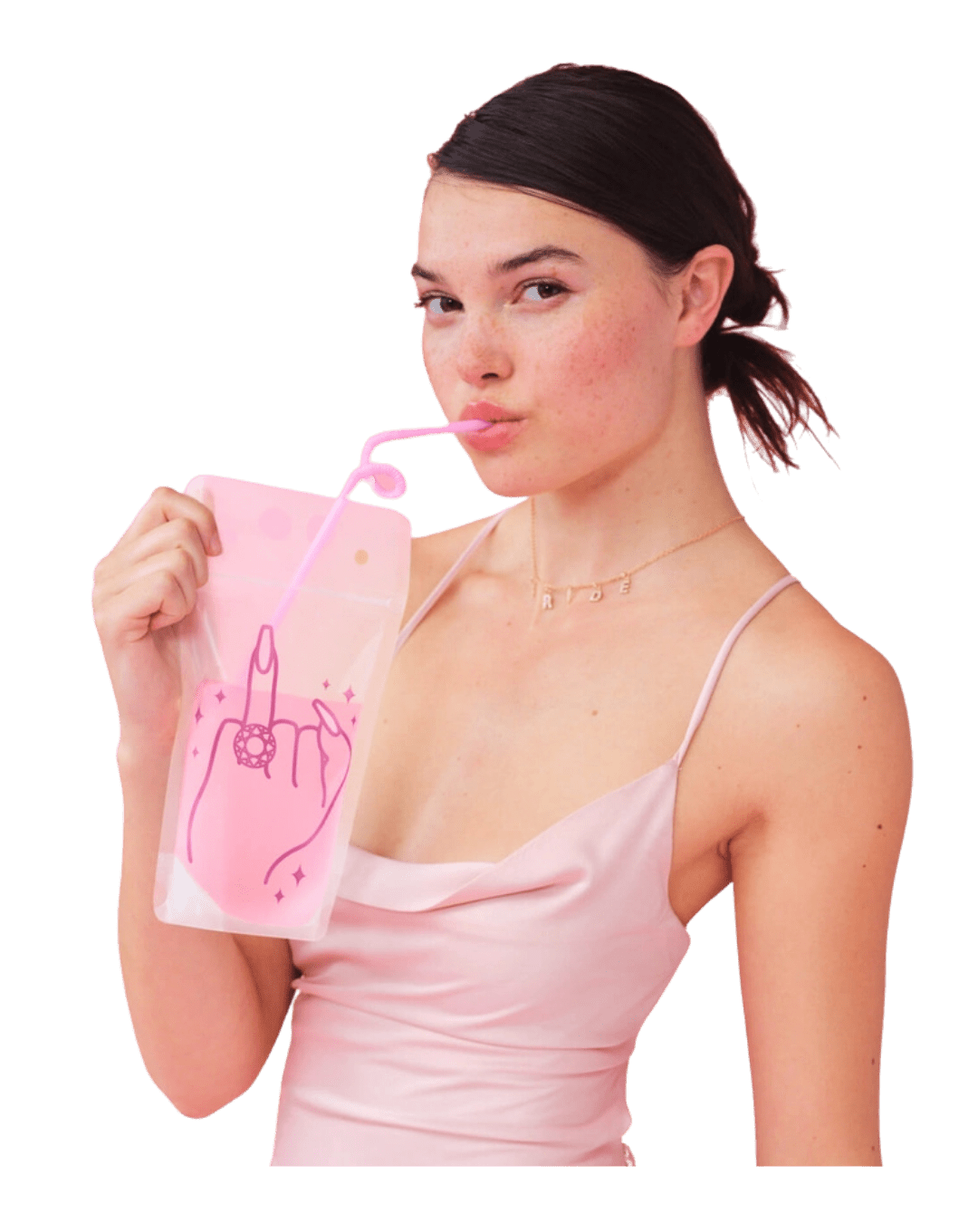 Pink drink pouch with playful hand design birthday bachelorette from Parte Haus party supply store in Bethesda Maryland