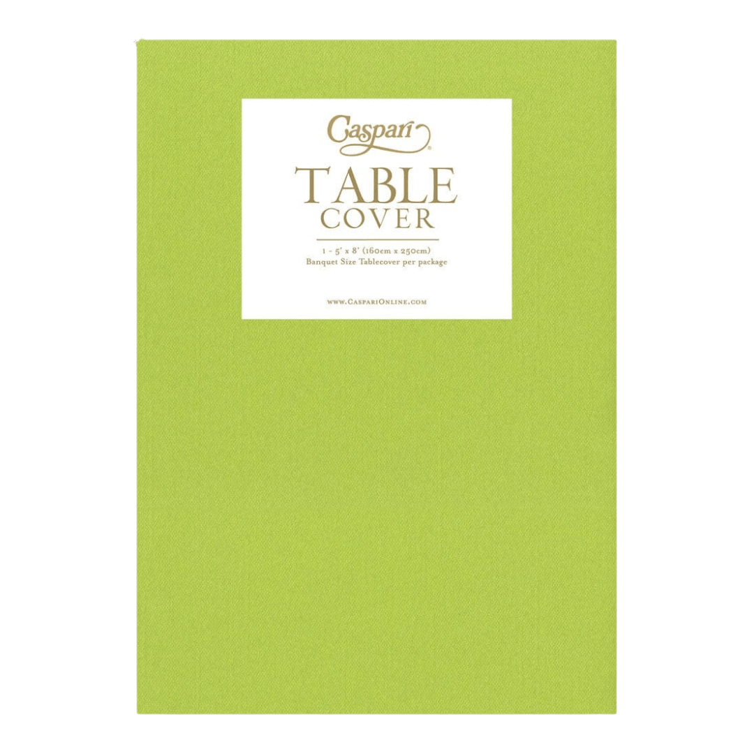 Green table cover with white label for banquet events from Parte Haus party supply store in Bethesda Maryland