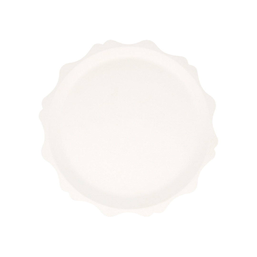 White wavy edge plate round scalloped design for birthday from Parte Haus party supply store in Bethesda MD.