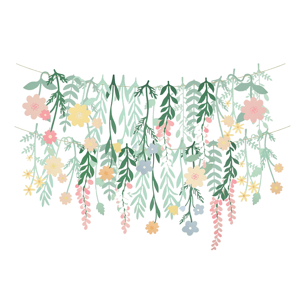 Pastel floral garland with pink yellow and blue flowers spring theme from Parte Haus party supply store in Bethesda Maryland