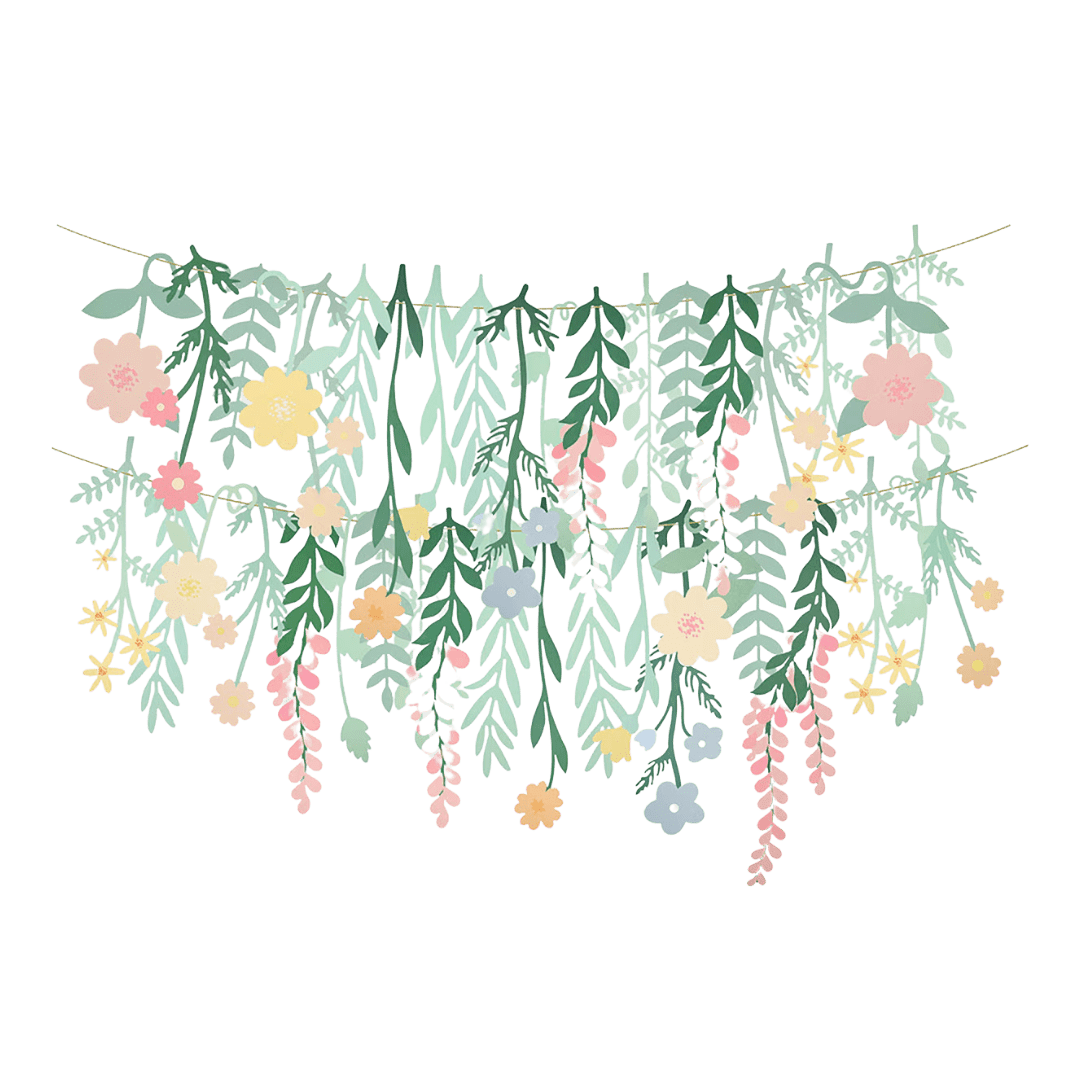Pastel floral garland with pink yellow and blue flowers spring theme from Parte Haus party supply store in Bethesda Maryland