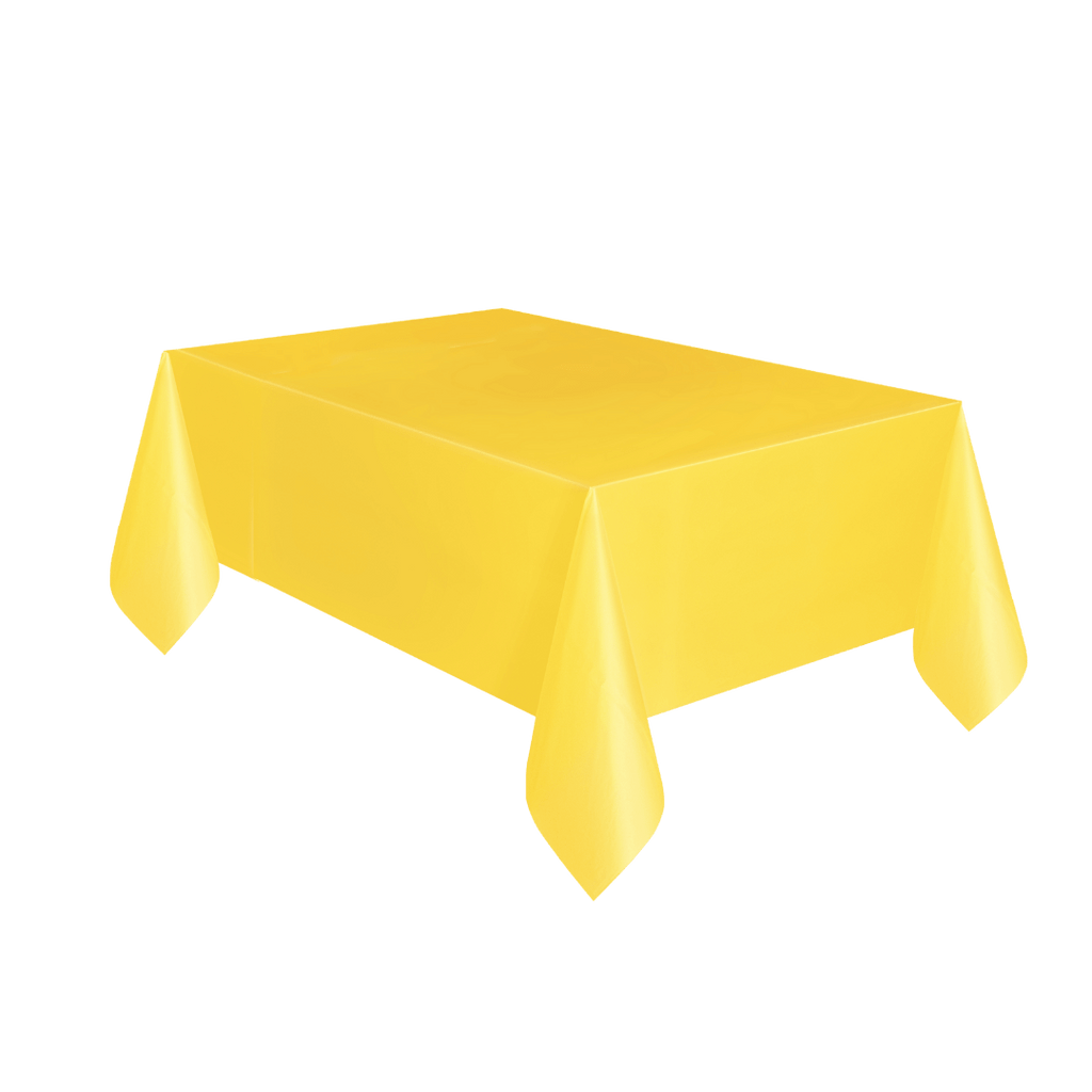 Yellow rectangular plastic table cover for birthday from Parte Haus party supply store in Bethesda MD