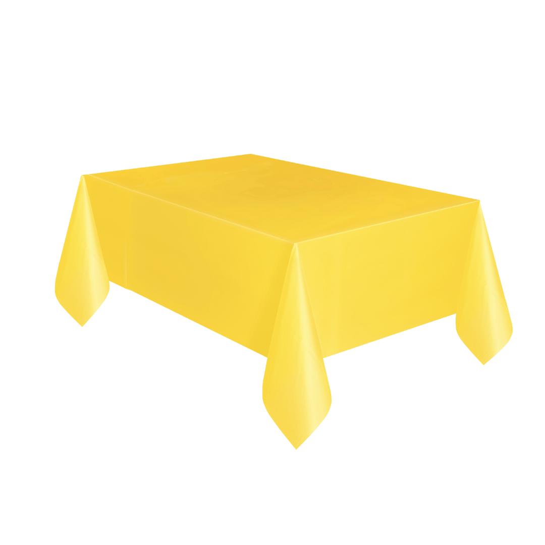 Yellow rectangular plastic table cover for birthday from Parte Haus party supply store in Bethesda MD