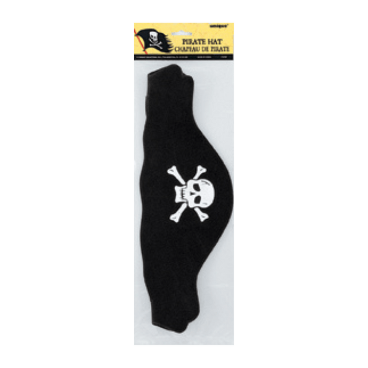 Black pirate hat costume accessory with skull and crossbones for pirate theme from Parte Haus party supply store in Bethesda MD.