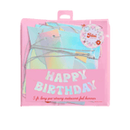 Iridescent foil Happy Birthday banner in pastel pink packaging for birthday Parte Haus party supply store in Bethesda Maryland