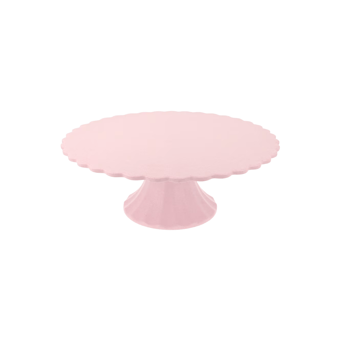 Pink cake stand with scalloped edge for birthday from Parte Haus party supply store in Bethesda Maryland