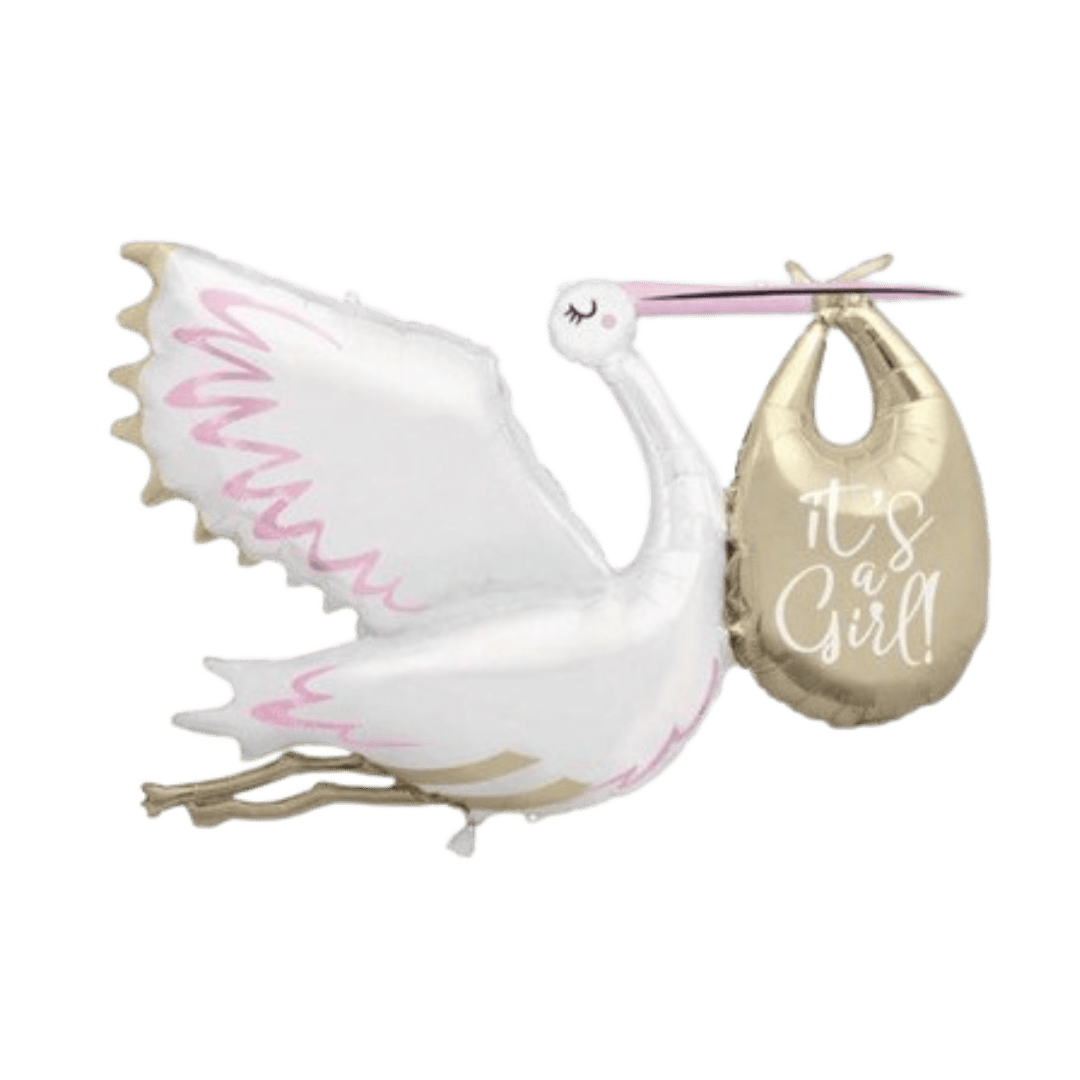 White and gold stork balloon for baby shower from Parte Haus party supply store in Bethesda MD