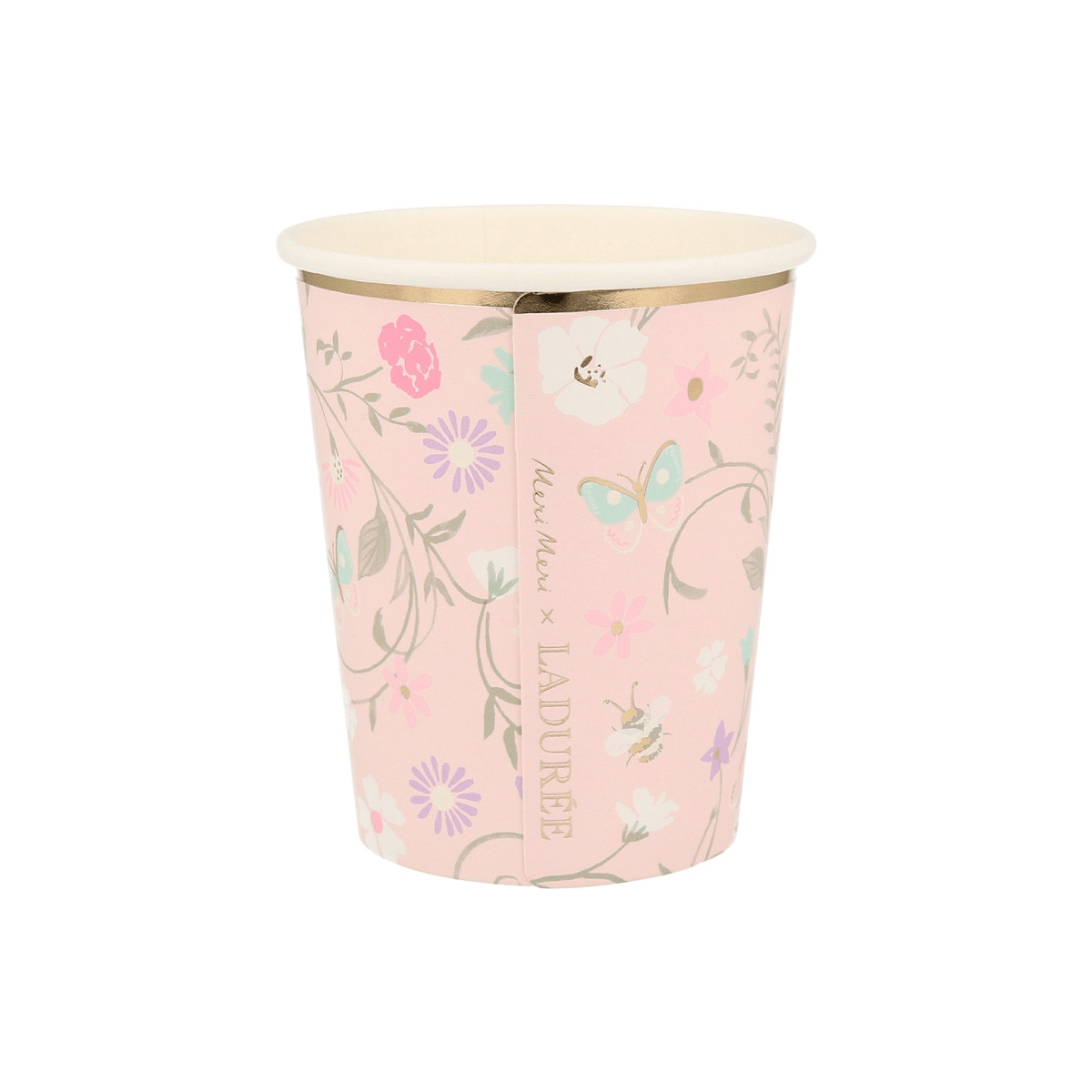 Pink floral paper cup with butterfly and flower print spring theme from Parte Haus party supply store in Bethesda MD