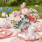 Pink blue and white paper flower centerpiece spring picnic decor from Parte Haus party supply store in Bethesda MD