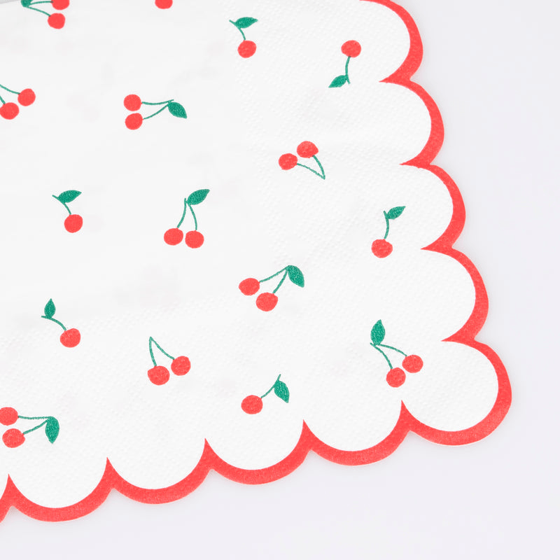 Red cherry print napkin with scalloped edge summer fruit theme from Parte Haus party supply store in Bethesda MD