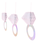White diamond ring hanging decorations bachelorette bridal theme from Parte Haus party supply store in Bethesda Maryland
