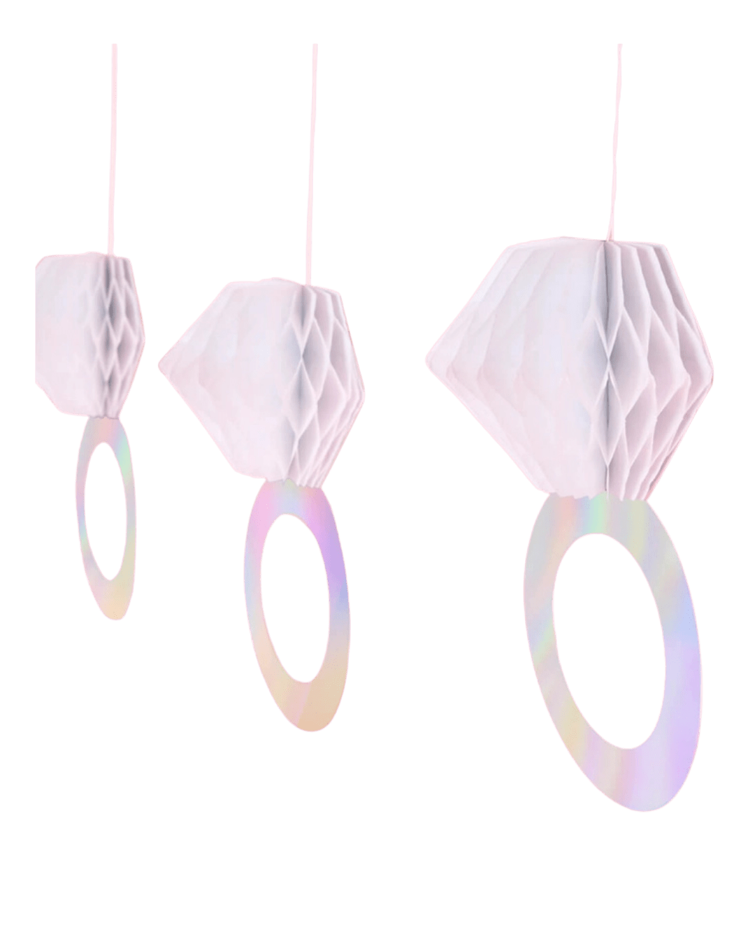 White diamond ring hanging decorations bachelorette bridal theme from Parte Haus party supply store in Bethesda Maryland