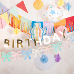 Colorful birthday decorations pastel banner garlands balloons from Parte Haus party supply store in Bethesda Maryland