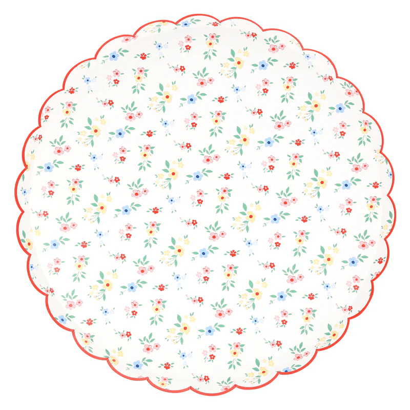 Multicolor floral paper plate with scalloped edge spring celebration from Parte Haus party supply store in Bethesda MD.