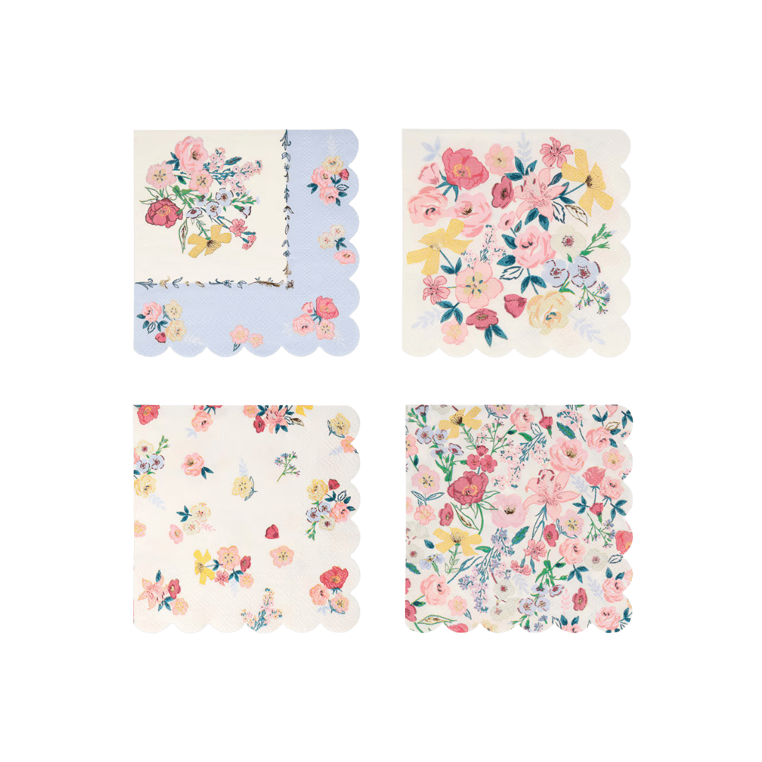 Pastel floral napkins with scalloped edges spring garden theme from Parte Haus party supply store in Bethesda MD