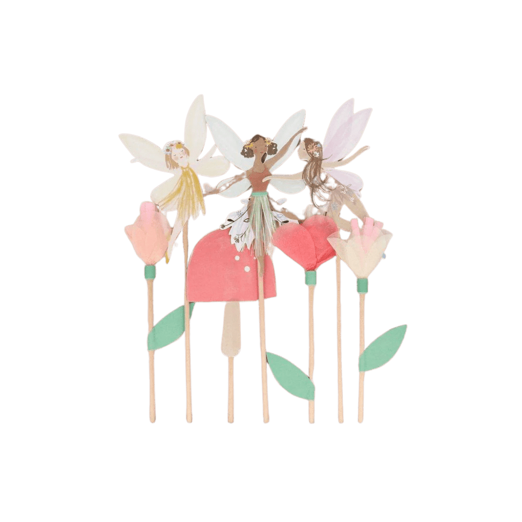 Pink fairy cake toppers with flowers and mushrooms woodland theme from Parte Haus party supply store in Bethesda MD.