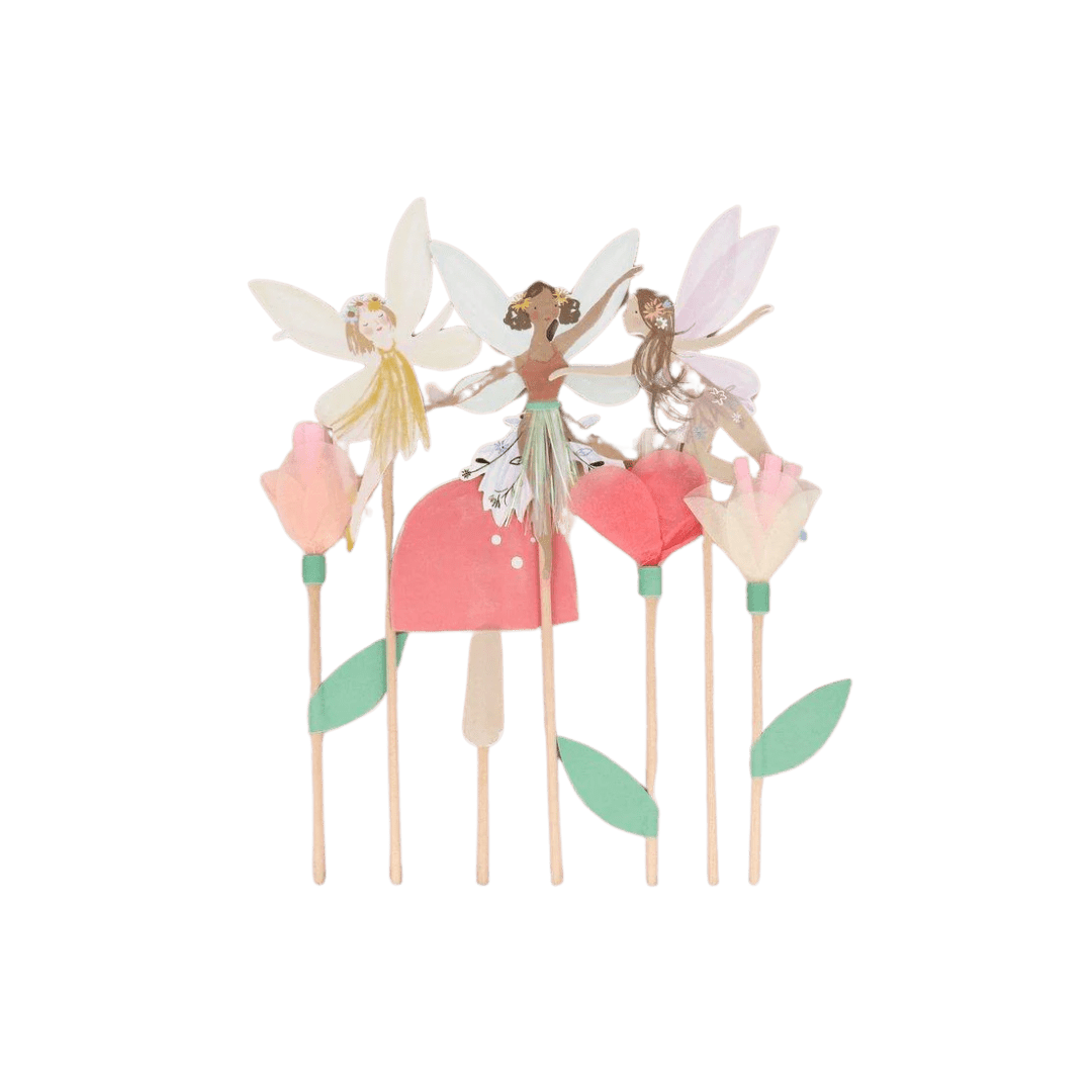Pink fairy cake toppers with flowers and mushrooms woodland theme from Parte Haus party supply store in Bethesda MD.