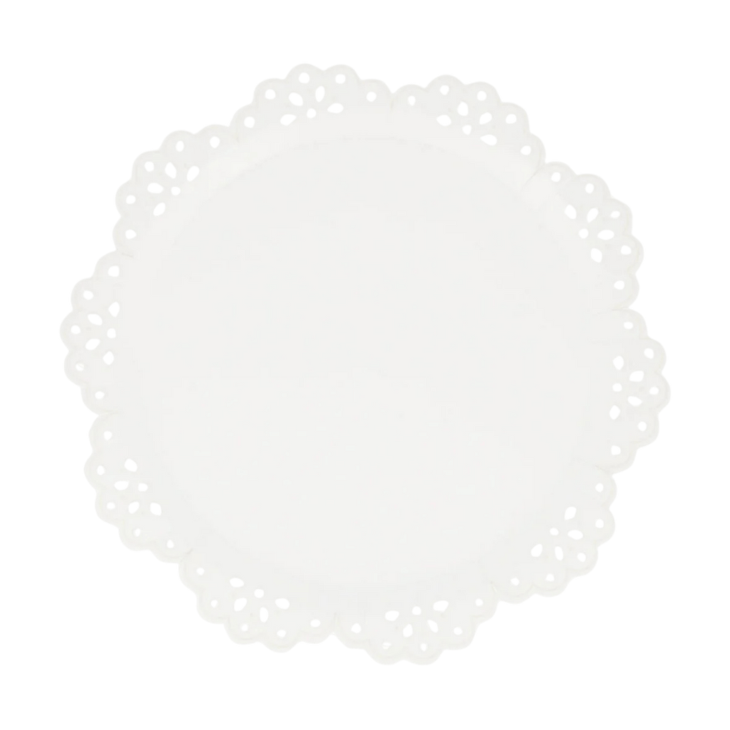 White paper doily lace edge for elegant birthday decoration from Parte Haus party supply store in Bethesda MD.