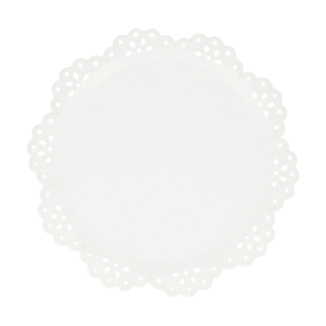 White paper doily lace edge for elegant birthday decoration from Parte Haus party supply store in Bethesda MD.