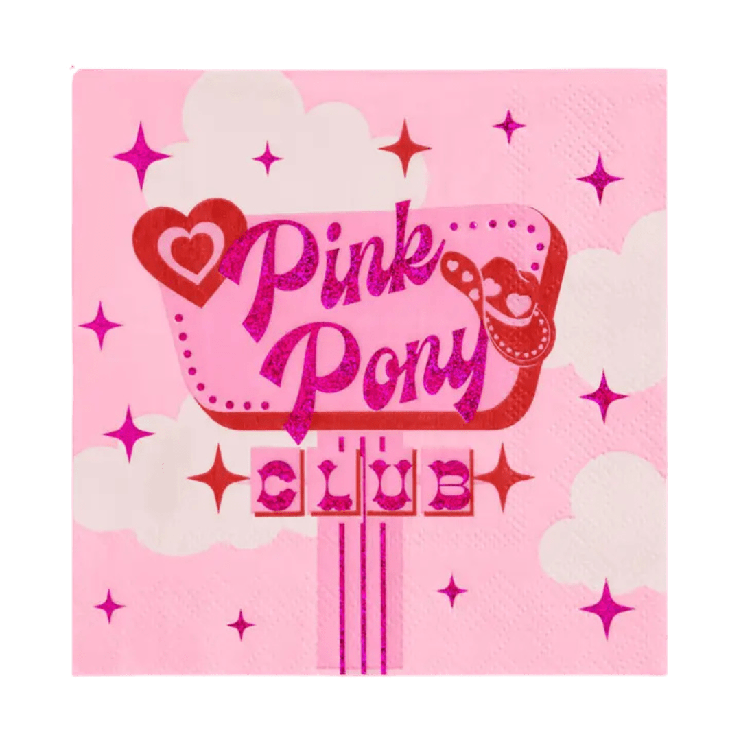 Pink napkin Pink Pony Club text with stars western theme from Parte Haus party supply store in Bethesda MD