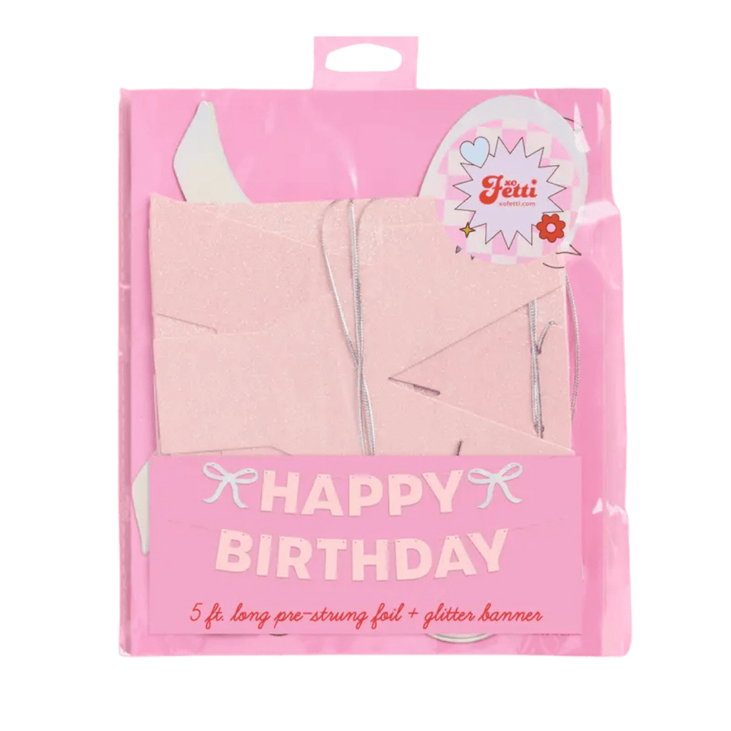 Pink happy birthday glitter banner with pre-strung letters birthday theme from Parte Haus party supply store in Bethesda Maryland