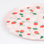 Pink strawberry floral paper plate with scalloped edge summer theme from Parte Haus party supply store in Bethesda Maryland