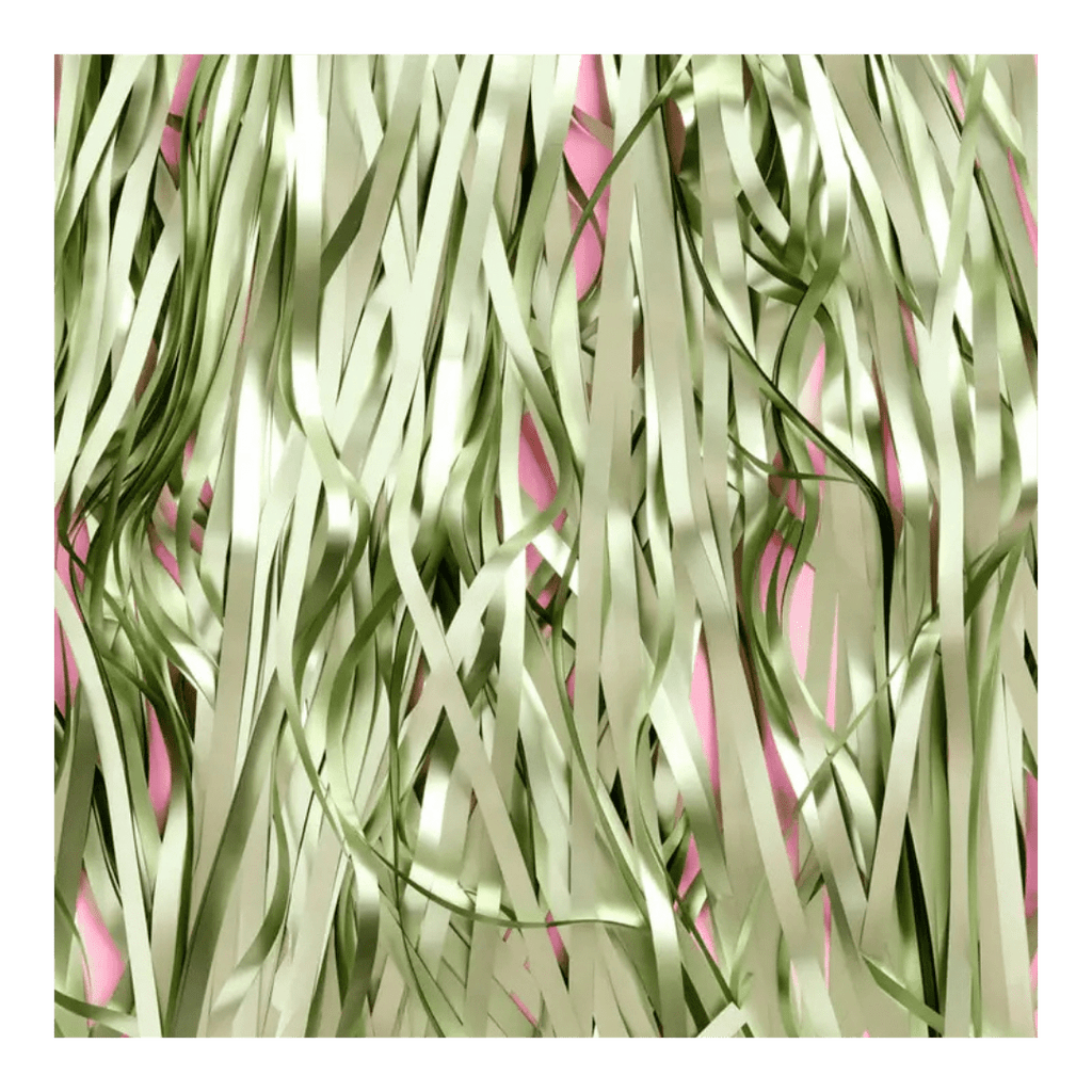 Sage green fringe backdrop shiny streamers decoration for birthday from Parte Haus party supply store in Bethesda MD