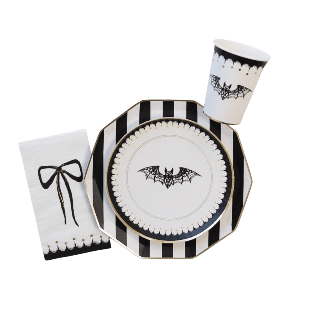 Black and white Halloween plate cup and napkin set with bat design from Parte Haus party supply store in Bethesda MD