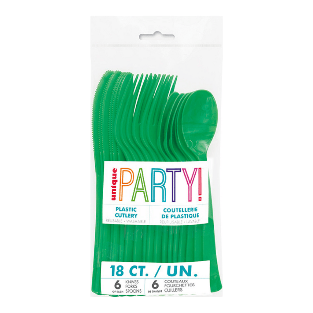 Green plastic cutlery set with knives forks and spoons for birthday celebration from Parte Haus party supply store in Bethesda, Maryland.