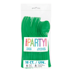 Green plastic cutlery set with knives forks and spoons for birthday celebration from Parte Haus party supply store in Bethesda, Maryland.