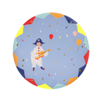 Blue clown plate with balloons and confetti circus theme from Parte Haus party supply store in Bethesda Maryland
