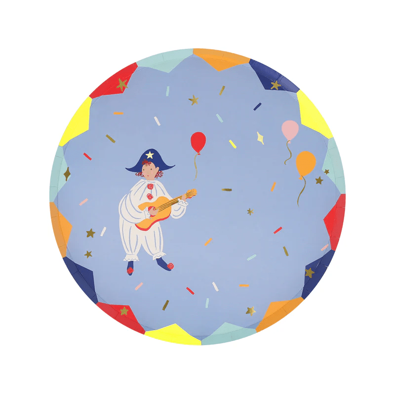 Blue clown plate with balloons and confetti circus theme from Parte Haus party supply store in Bethesda Maryland