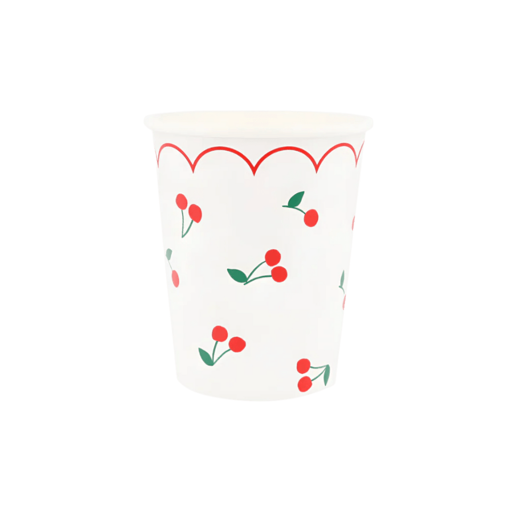 Red and white paper cup with cherry design for birthday theme from Parte Haus party supply store in Bethesda MD