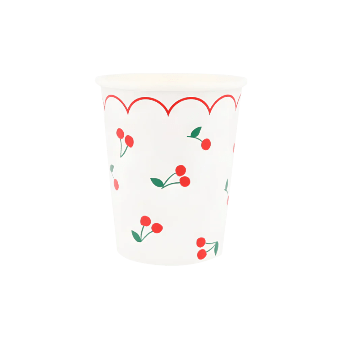 Red and white paper cup with cherry design for birthday theme from Parte Haus party supply store in Bethesda MD
