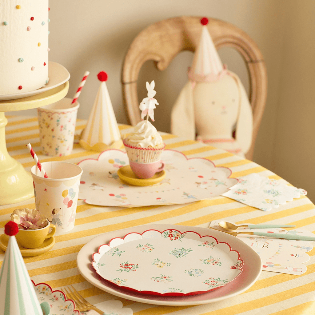 pastel floral birthday tableware set with party hats and bunny decor birthday theme from Parte Haus party supply store in Bethesda Maryland