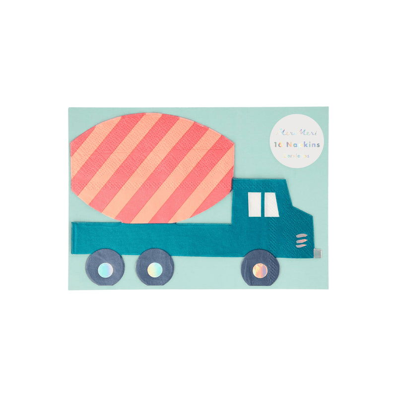 Teal and pink cement truck shaped napkin kids construction birthday from Parte Haus party supply store in Bethesda Maryland