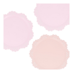 Pastel pink round plates with lace edges birthday theme from Parte Haus party supply store in Bethesda MD