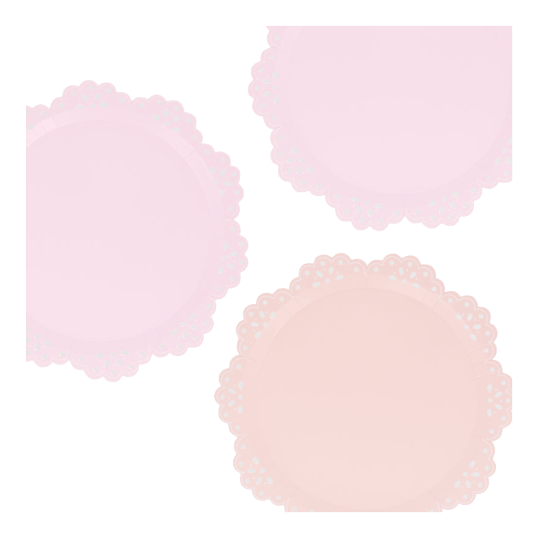 Pastel pink round plates with lace edges birthday theme from Parte Haus party supply store in Bethesda MD