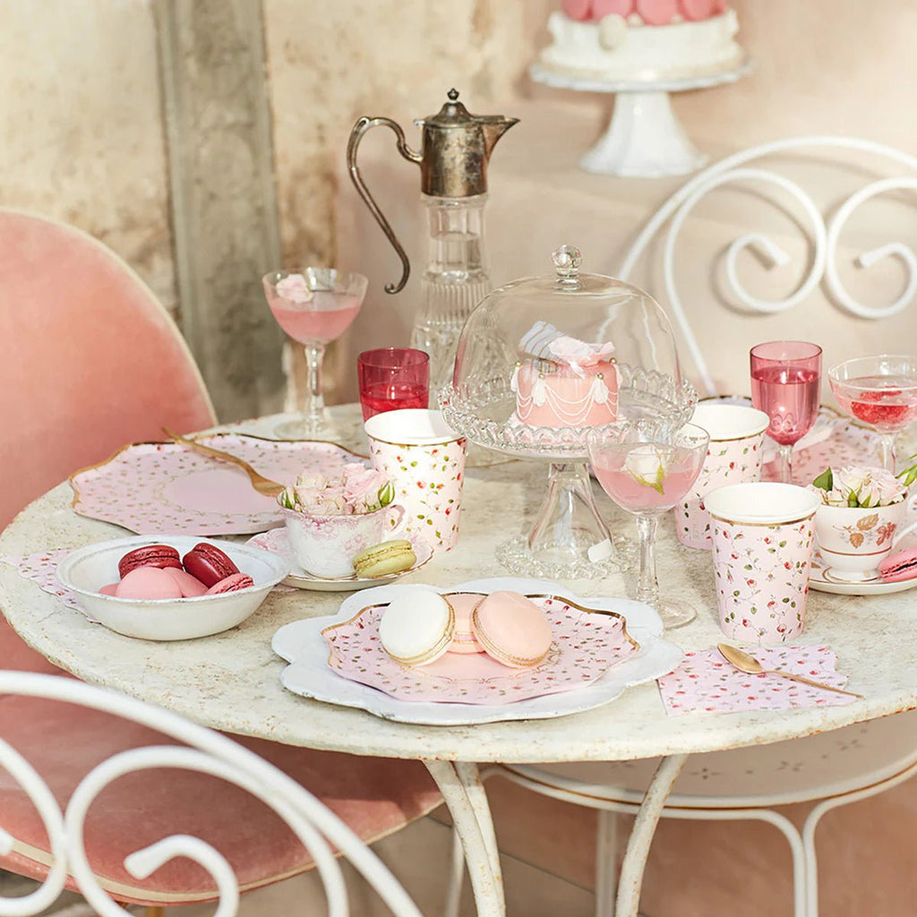 Pink tea party tableware with floral plates and macarons garden tea theme from Parte Haus party supply store in Bethesda Maryland