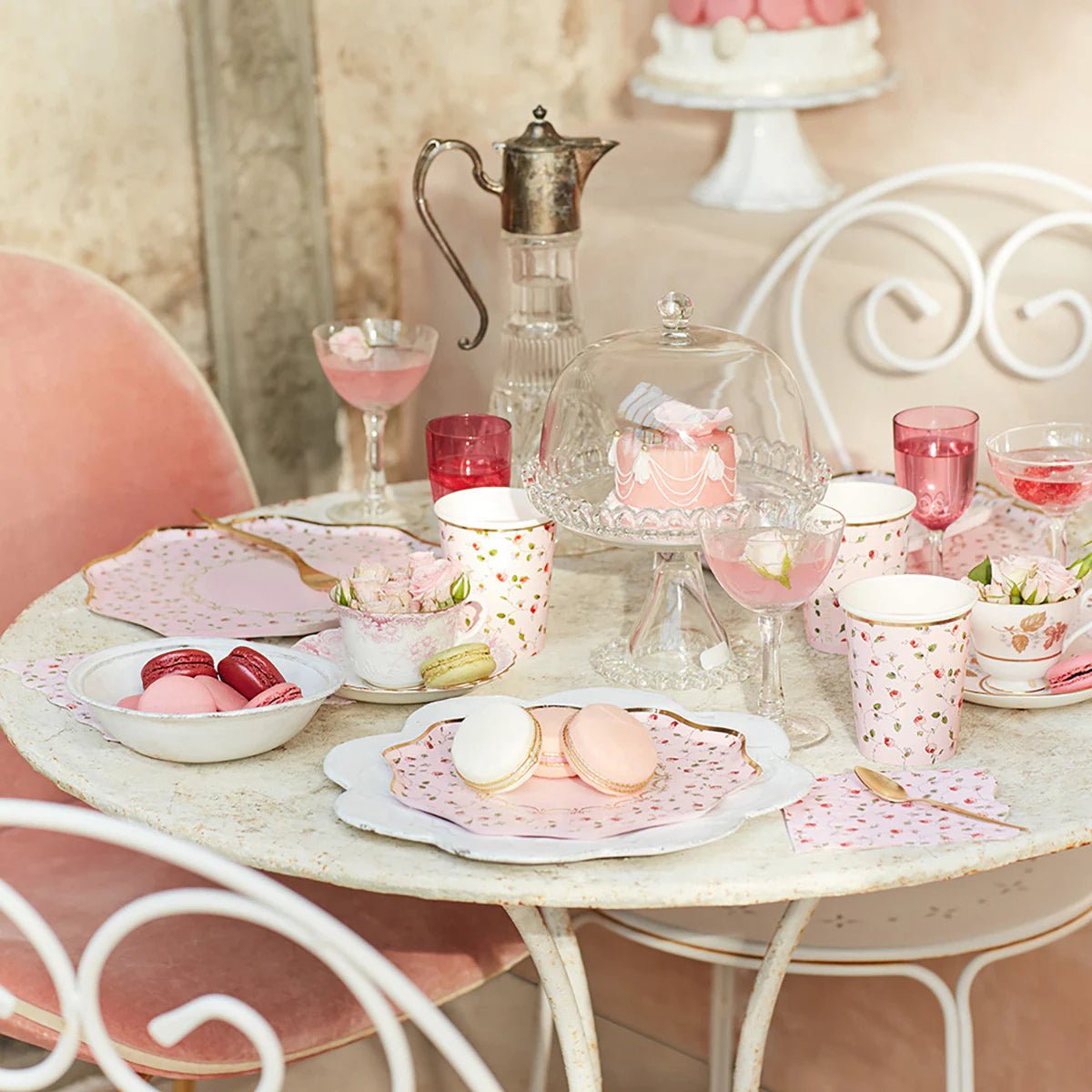 Pink tea party tableware with floral plates and macarons garden tea theme from Parte Haus party supply store in Bethesda Maryland