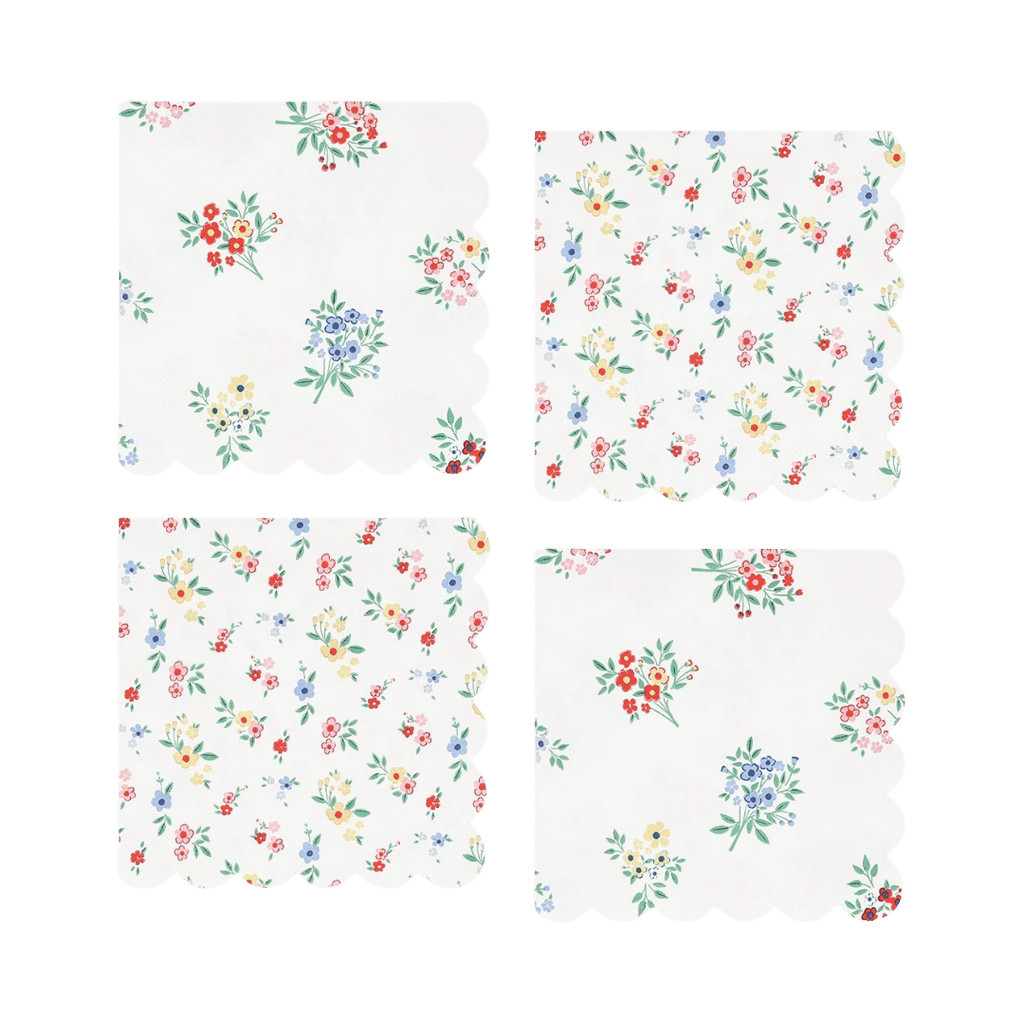 White floral napkins with scalloped edges spring garden theme from Parte Haus party supply store in Bethesda MD