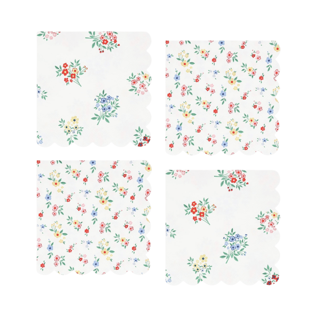 White floral napkins with scalloped edges spring garden theme from Parte Haus party supply store in Bethesda MD