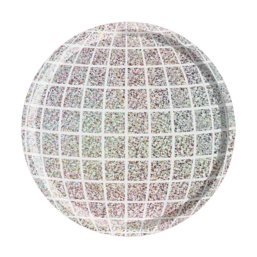 iridescent disco ball plate with a glittery pattern disco theme from Parte Haus party supply store in Bethesda MD